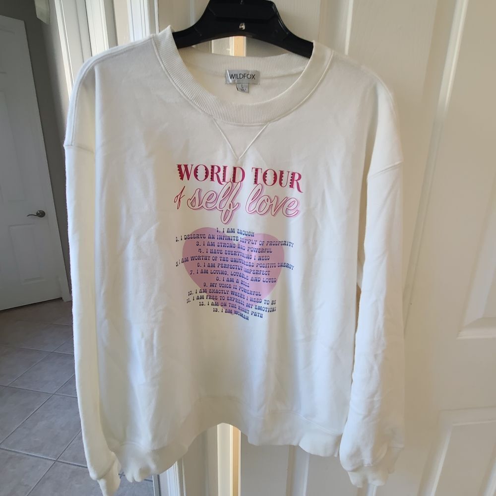 Wildfox White World Tour of Self Love Sweatshirt Size Large NEW